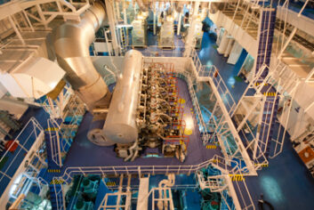 Close view of the crude oil tanker's engine room.