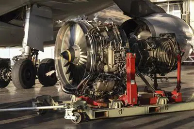 Aircraft Jet engine maintenance in airplane hangar